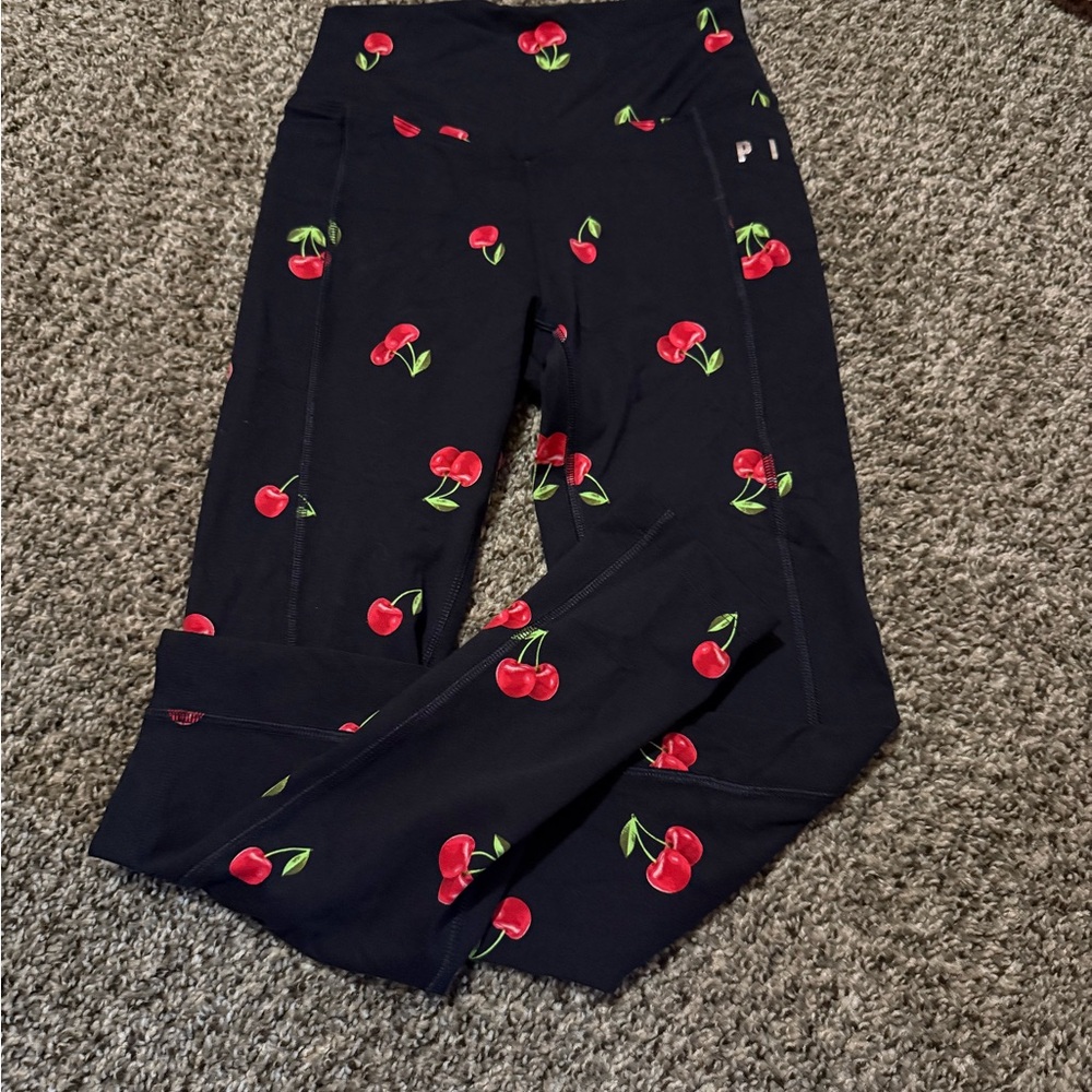 PINK Victoria's Secret Black Leggings with Red Cherry Print